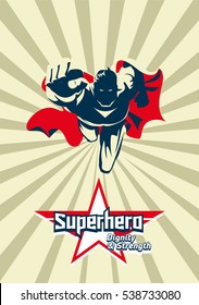 Flying superhero on camera. Black and white graphic. Illustration