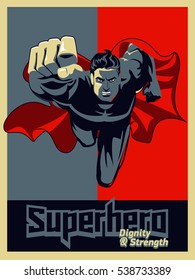 Flying superhero on camera. Blue and red graphic. Illustration