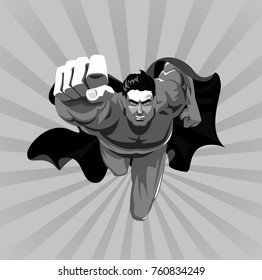 Flying superhero on camera. Vector illustration