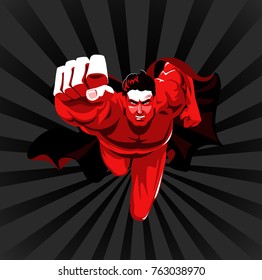 Flying superhero on camera. Vector illustration