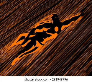 Flying superhero through the stormy sky. Vector illustration.