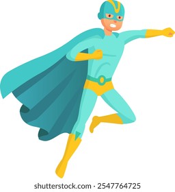 Flying superhero in turquoise and yellow costume with cape, throwing punch with strength and courage to fight evil and protect people