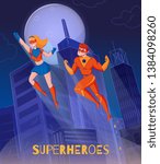 Flying superheroes soaring above night city towers comics wonder woman super man characters background poster vector illustration