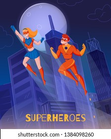 Flying superheroes soaring above night city towers comics wonder woman super man characters background poster vector illustration