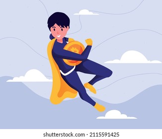 Flying superman cryptocurrency holding bitcoin in the cloud vector illustration background.