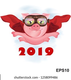 Flying super-pig in a red cloak. Greeting Christmas card. Vector illustration