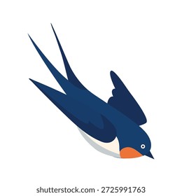 Pássaro de andorinha voadora Design plano minimalista de uma andorinha azul em voo com bico laranja, ideal para temas de primavera, natureza ou migração
