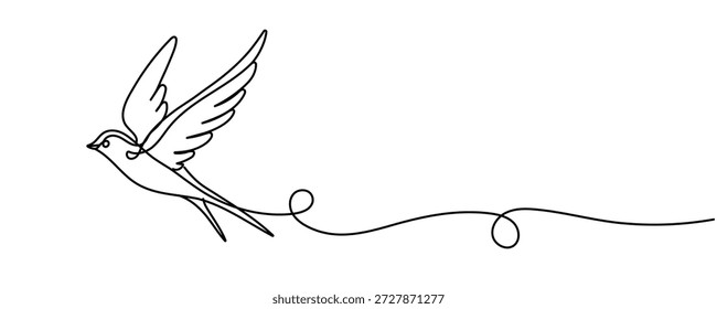Flying swallow bird one single line drawing. Continuous linear doodle art of flying animal silhouette. Editable stroke