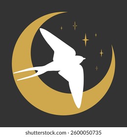 Flying swallow bird silhouette on crescent background. Celestial martin bird silhouette. Vector illustration