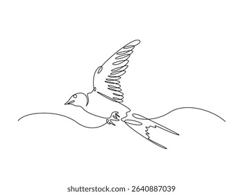 Flying swallow bird in single outline illustration. Continuous line art drawing of swallow bird. Editable stroke.