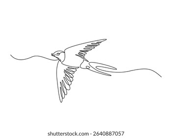 Flying swallow bird in single outline illustration. Continuous line art drawing of swallow bird. Editable stroke.