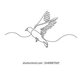 Flying swallow bird in single outline illustration. Continuous line art drawing of swallow bird. Editable stroke.