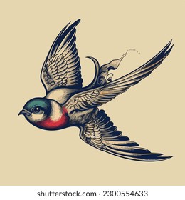 Flying swallow bird tattoo vintage logo hand drawn vector illustration