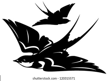 flying swallow bird vector illustration - black and white outline and silhouette