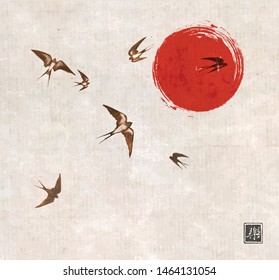 Flying swallow birds and big red sun on vintage background. Traditional Japanese ink wash painting sumi-e. Hieroglyph - joy