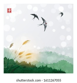 Flying swallow birds, green grass and forest mountains. Traditional Japanese ink wash painting sumi-e on white glowing background. Hieroglyph - happiness