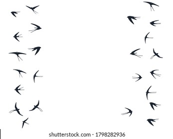 Flying swallow birds silhouettes vector illustration. Migratory martlets flock isolated on white. Winged flying swallows line art. Small birds in sky graphic design. Fauna background.