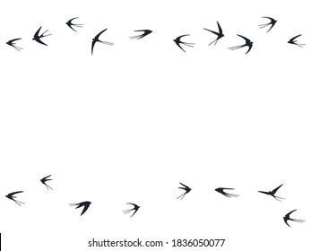Flying swallow birds silhouettes vector illustration. Migratory martlets school isolated on white. Alar flying swallows line art. Abstract birds in sky graphic design. Wildlife concept.