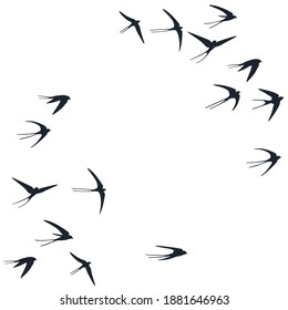 Flying swallow birds silhouettes vector illustration. Nomadic martlets school isolated on white. Flapping flying swallows line art. Abstract birds in sky graphic design. Wildlife concept.