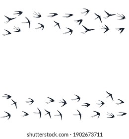 Flying swallow birds silhouettes vector illustration. Migratory martlets bevy isolated on white. Rapid flying swallows line art. Small birds in sky graphic design. Fauna background.