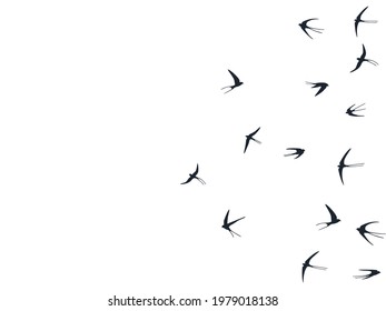 Flying swallow birds silhouettes vector illustration. Migratory martlets bevy isolated on white. Rapid flying swallows line art. Simple birds in sky graphic design. Wildlife concept.