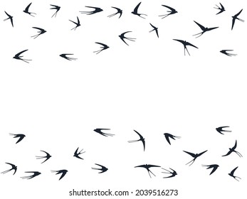 Flying swallow birds silhouettes vector illustration. Migratory martlets group isolated on white. Sailing flying swallows line art. Simple birds in sky graphic design. Fauna background.