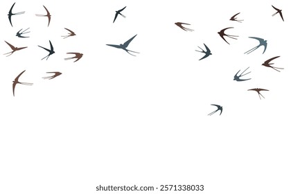 Flying swallow birds silhouettes vector illustration. Migratory martlets group isolated on white. Gliding flying swallows line art. Many birds in sky graphic design. Wildlife concept.