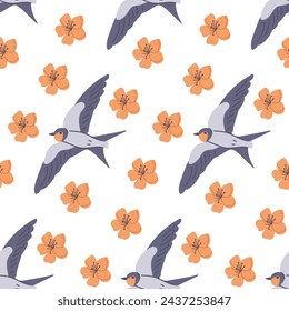 Flying swallow with flowers bloom seamless pattern. lat hand drawn colored elements on white background. Unique retro print design for textile, wallpaper, interior, wrapping. Spring concept