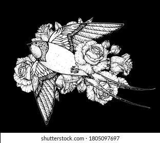 Flying swallow and roses. Hand drawn vector. T-shirt design. Sketch illustration. Tattoo style.