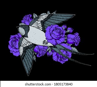 Flying swallow in roses. Hand drawn vector. T-shirt design.