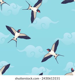 Flying swallows in blue cloudy sky. Background with soaring birds. Vector cartoon seamless pattern.