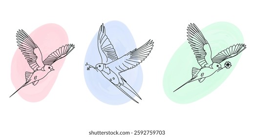 Flying swallows collection. This spring-inspired design presents birds in a linear aesthetic complemented by watercolor patches, isolated on a white background. Great for banners, social media