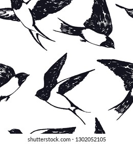 Flying swallows Hand drawing Seamless pattern set