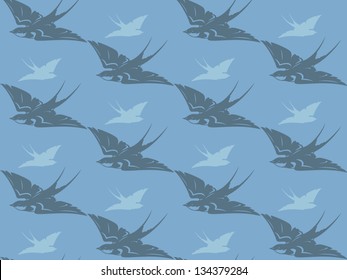 flying swallows seamless background - cute birds in shades of grey and blue