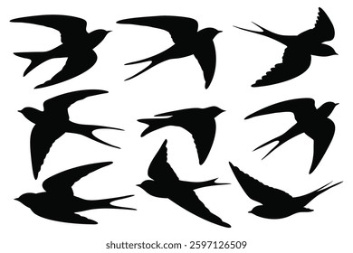 
Flying swallows silhouettes set isolated flat vector illustration on white background