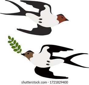 Flying swallows, swallow twig in beak, vector image