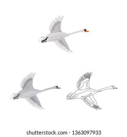 Flying swan colored, line and monochrome icon set vector concept