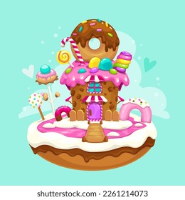 Isla dulce voladora con una linda casa de pasteles, árbol de caramelos, helados, copas, donut y chocolate. Activo del juego de caricaturas. Dibujo vectorial.