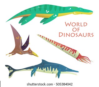 Flying and swimming dinosaurs and prehistoric reptile or lizard. Cartoon collection set. Monster funny animal and prehistoric character cartoon dinosaurs.