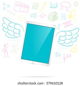 Flying tablet with a wings - vector illustration