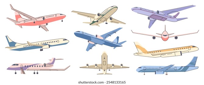 Volar o despegar de los pasajeros del avión. Vector en estilo plano, conjunto aislado de airbuses con ventanas. Líneas comerciales para el transporte de personas y mercancías. Viaje y desplazamientos, medios de transporte