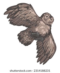 Flying tawny owl clipart in cartoon style. Realistic colored drawing of nocturnal bird wild animal. Vector illustration isolated on white background.