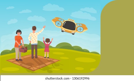 Flying Taxi Picks up Family after Picnic. Family Outdoor Recreation. Unmanned Passenger Drone. Flying Car. Banner or Landing Page. Summer Rest. Our Future. Spring Adventures. Cartoon and Flat Style.