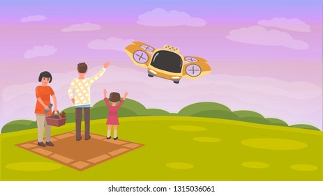 Flying Taxi Picks up Family after Picnic. Family Outdoor Recreation. Unmanned Passenger Drone. Flying Car. Banner or Landing Page. Summer Rest. Sunset. Spring Adventures. Cartoon and Flat Style.