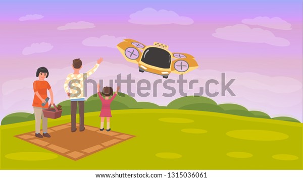 Flying Taxi Picks up Family after Picnic. Family
Outdoor Recreation. Unmanned Passenger Drone. Flying Car. Banner or
Landing Page. Summer Rest. Sunset. Spring Adventures. Cartoon and
Flat Style.