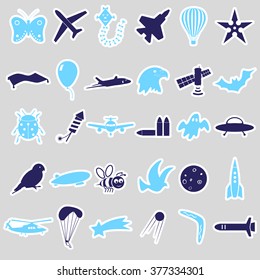 flying theme symbols and stickers set eps10