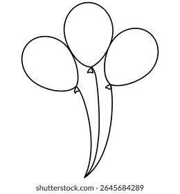 Flying three balloons in continuous line drawing style. Birthday gift concept. Vector illustration isolated on white.