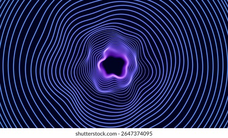 Voando através do túnel espiral abstrato Vortex com trilhas de partículas circulares. Science Research ou Tech Innovation Online Webinar Presentation Event. Plano de fundo de vetor de conferência ou fórum.