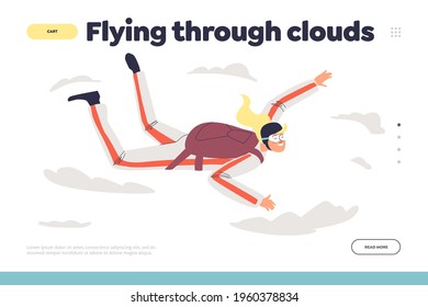 Flying through clouds concept of landing page with woman skydiving with parachute. Skydivers female free falling. Cartoon character girl paragliding. Extreme sport hobby. Flat vector illustration