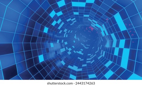 Flying through the colorful mirror structures of the tunnel, with a neon glow. Sci-fi flight through design complexity. Neon glow. Vector illustration.